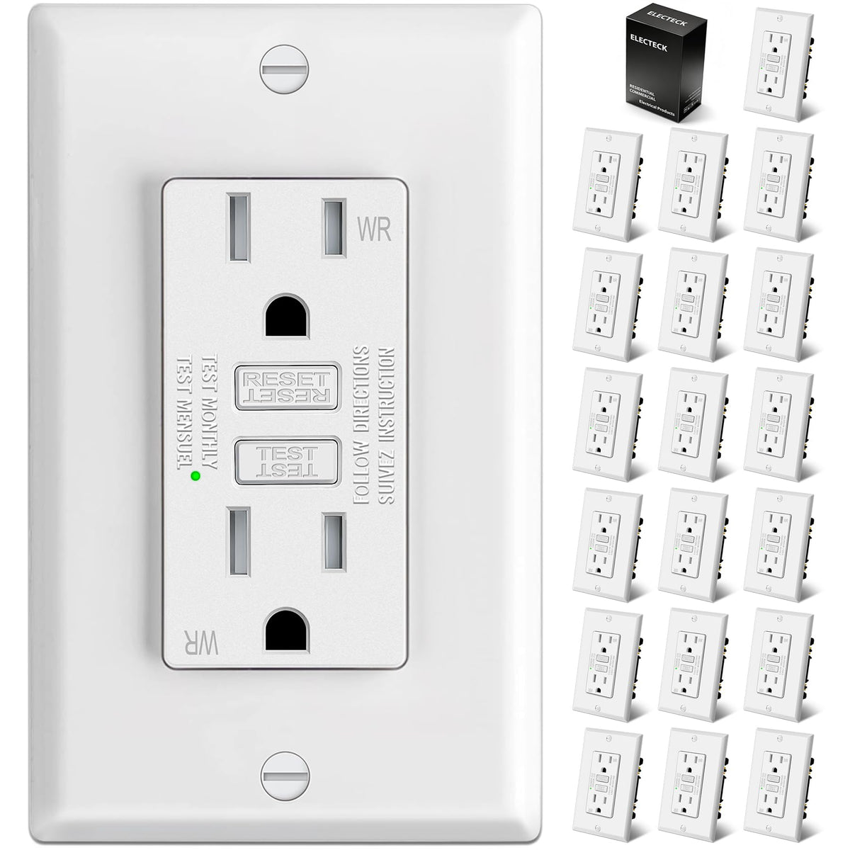 ELECTECK outdoor WR GFCI ultra-slim outlet resists weather for safe exterior power access.