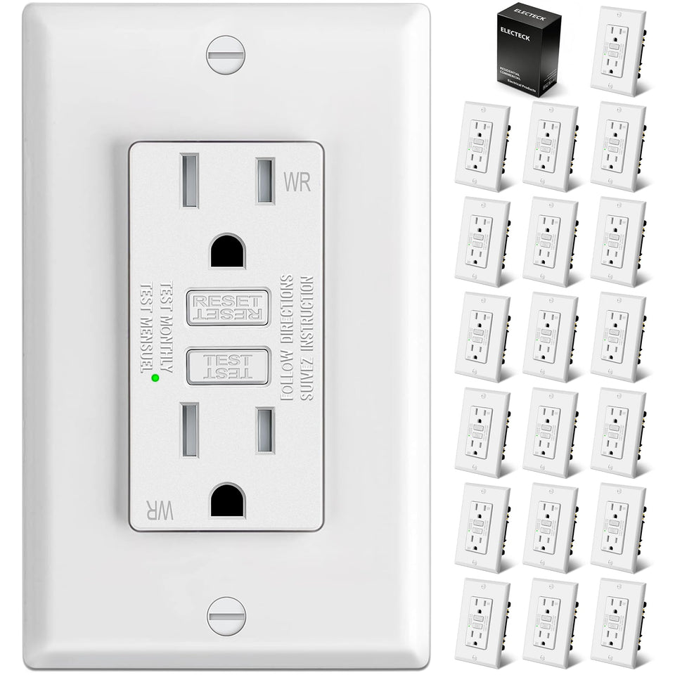 ELECTECK outdoor WR GFCI ultra-slim outlet resists weather for safe exterior power access.