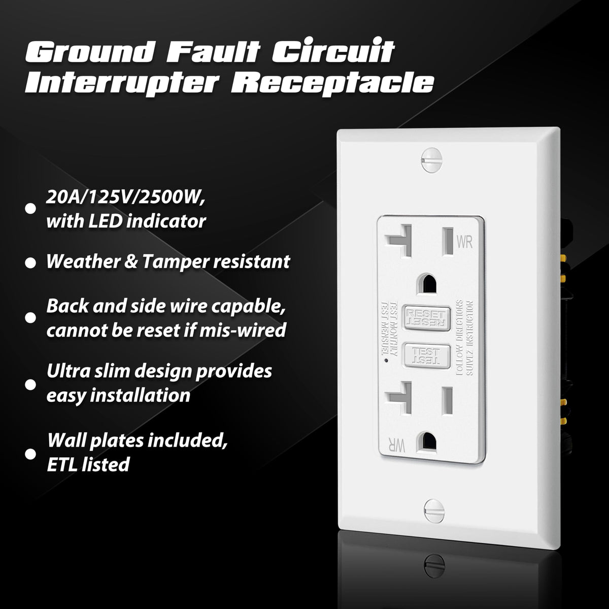 ELECTECK ultra-slim GFCI receptacle shown with wall plate for quick installation.