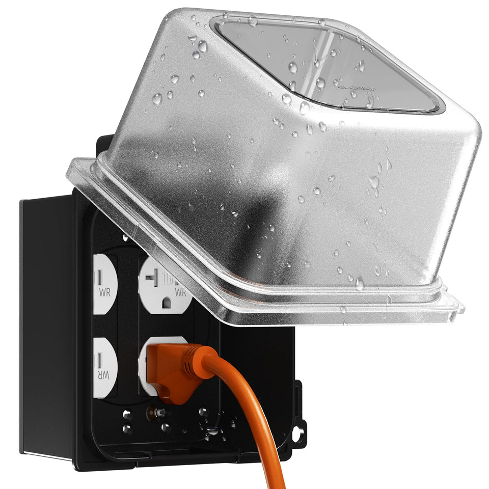 ELEGRP 2-Gang weatherproof outlet cover with deep profile protects outdoor connections.