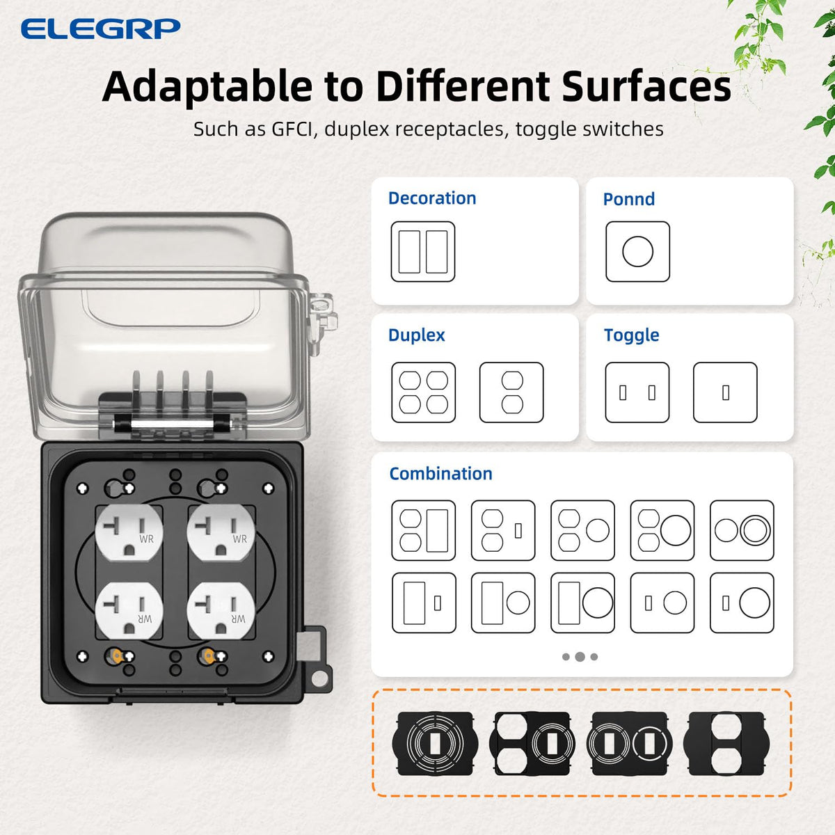 ELEGRP 2-gang outdoor cover with dimensions and fitment details