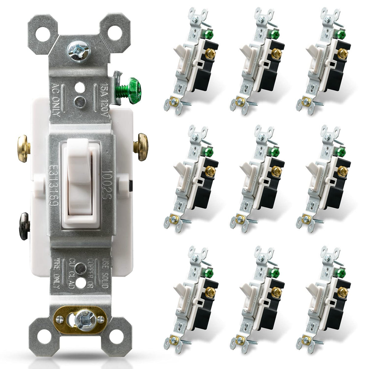 ELEGRP 3-way toggle switch front view, 15A rating for reliable residential lighting control.