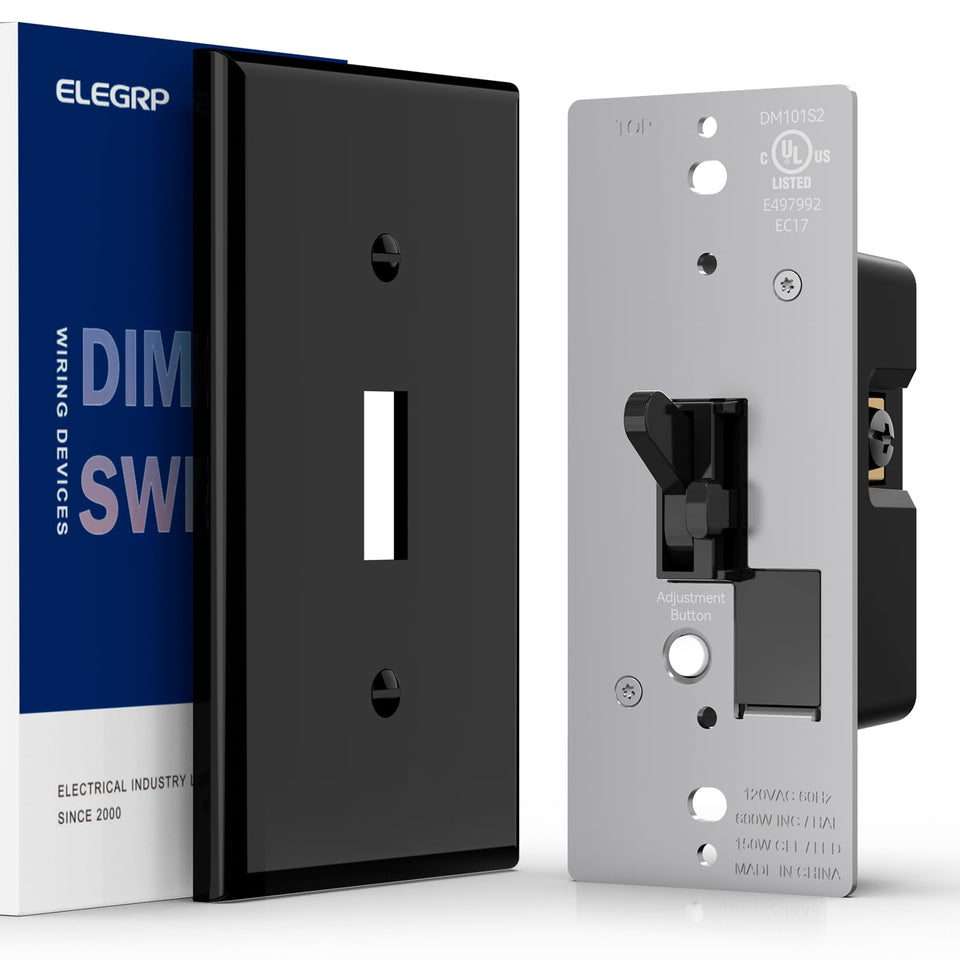 ELEGRP digital dimmer switch front view showing slim profile and sleek black finish.