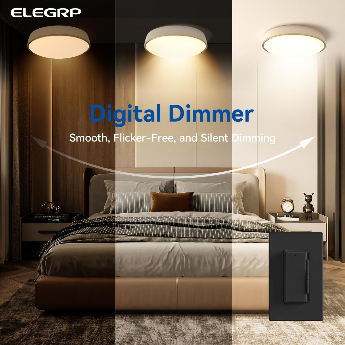 ELEGRP dimmer compatibility image shows broad LED/CFL and incandescent support