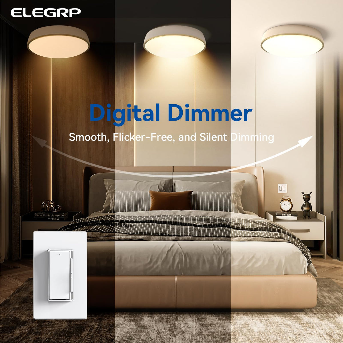 ELEGRP dimmer light switch in a 3-way setup demonstrating versatile control.