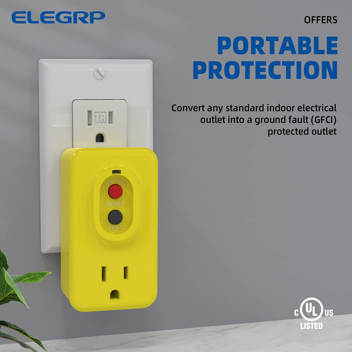 ELEGRP indoor-use GFCI adapter protecting outlets indoors