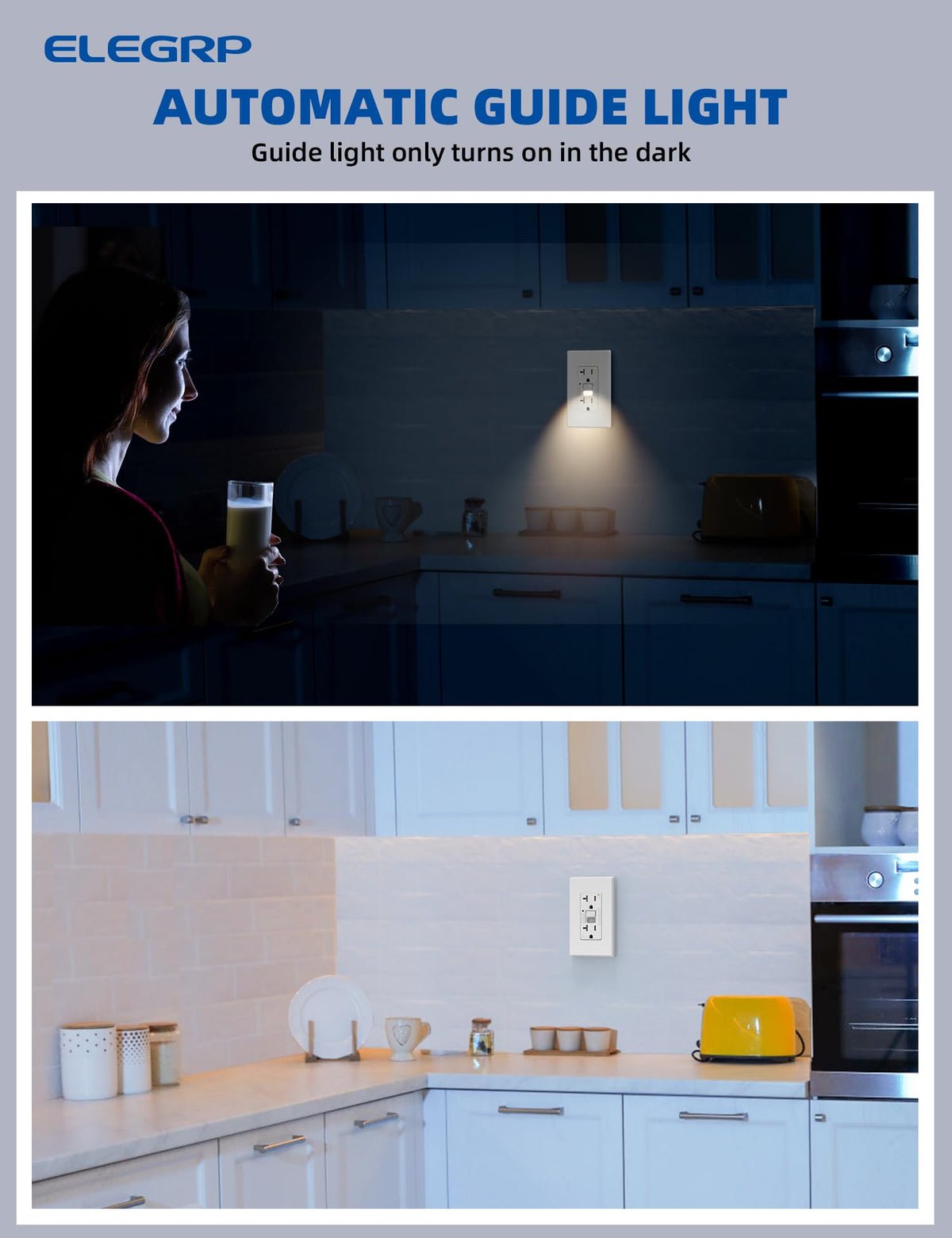 ELEGRP GFCI nightlight on in a dark room for easy nighttime navigation.
