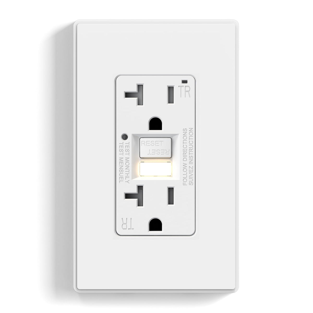 ELEGRP GFCI nightlight outlet front view showing built in illumination for dark spaces.