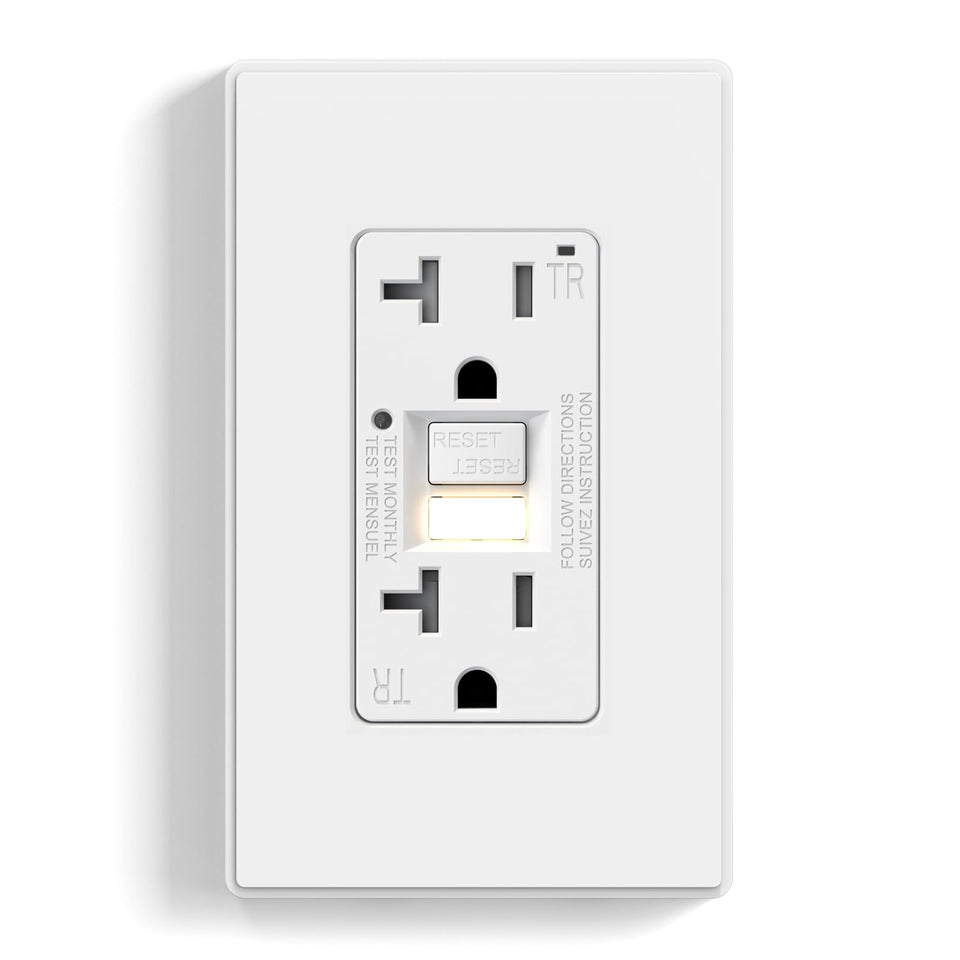 ELEGRP GFCI nightlight outlet front view showing built in illumination for dark spaces.