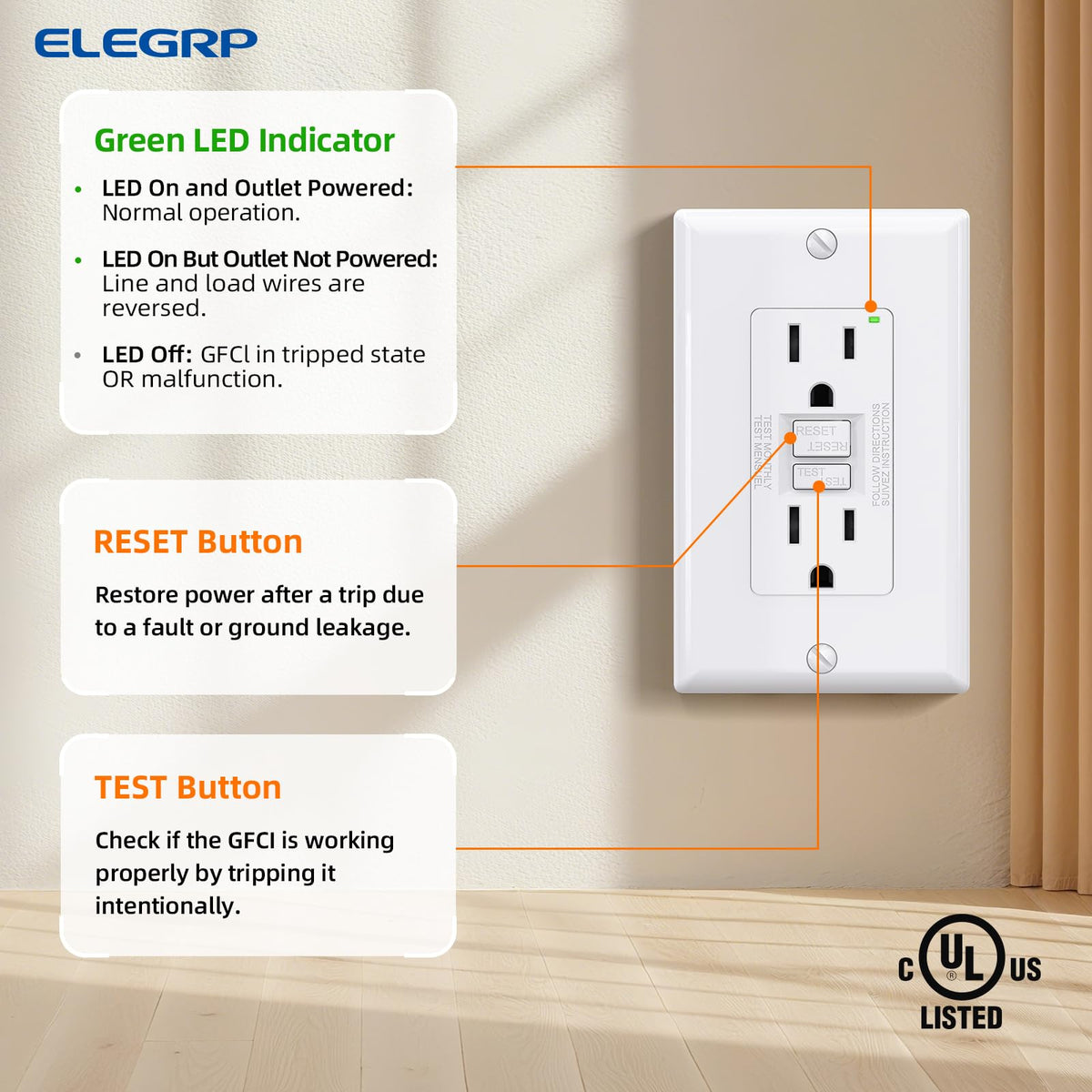 ELEGRP GFCI outlet durable thermoplastic for long-lasting use