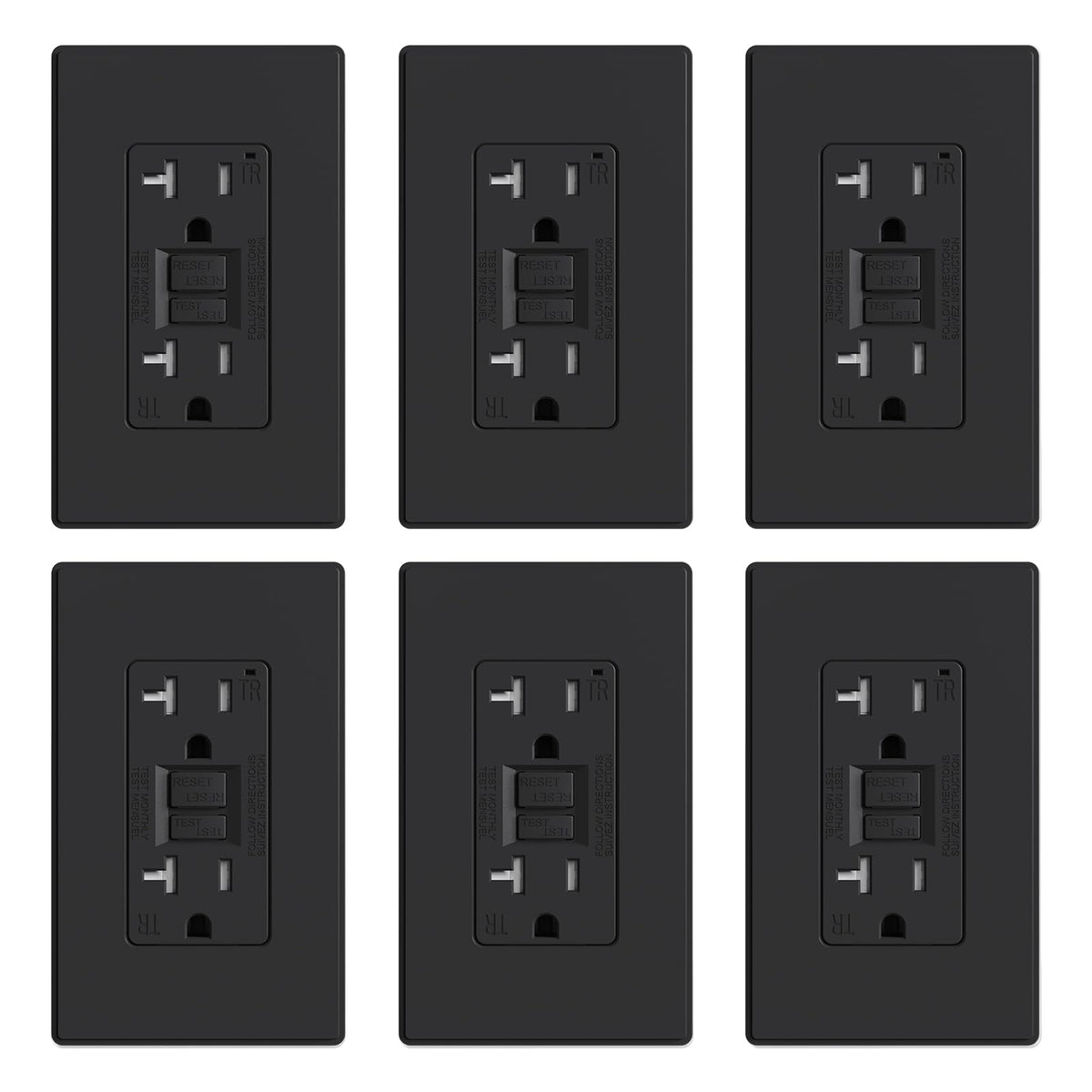 ELEGRP GFCI outlet front view showing slim matte black design for tight spaces.