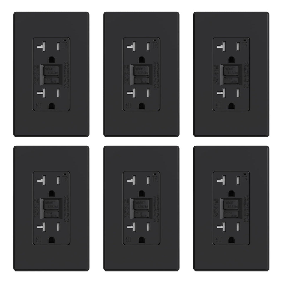 ELEGRP GFCI outlet front view showing slim matte black design for tight spaces.