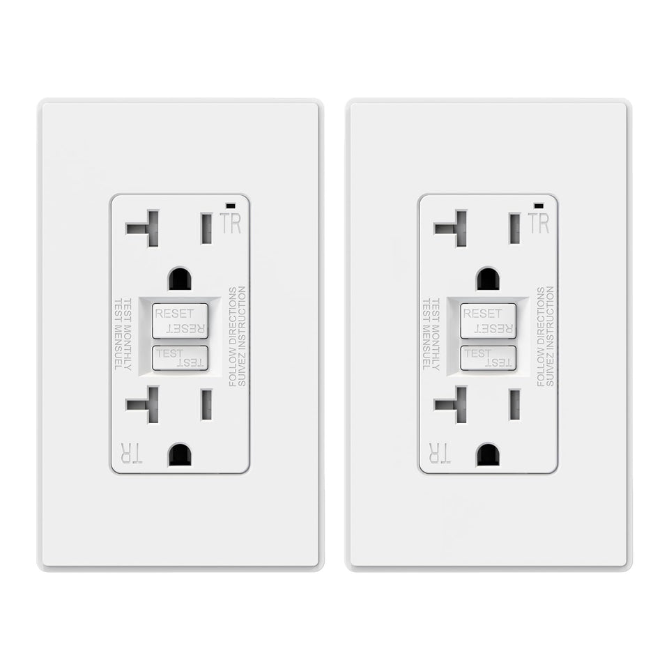 ELEGRP GFCI outlet front view with slim profile for tight spaces.