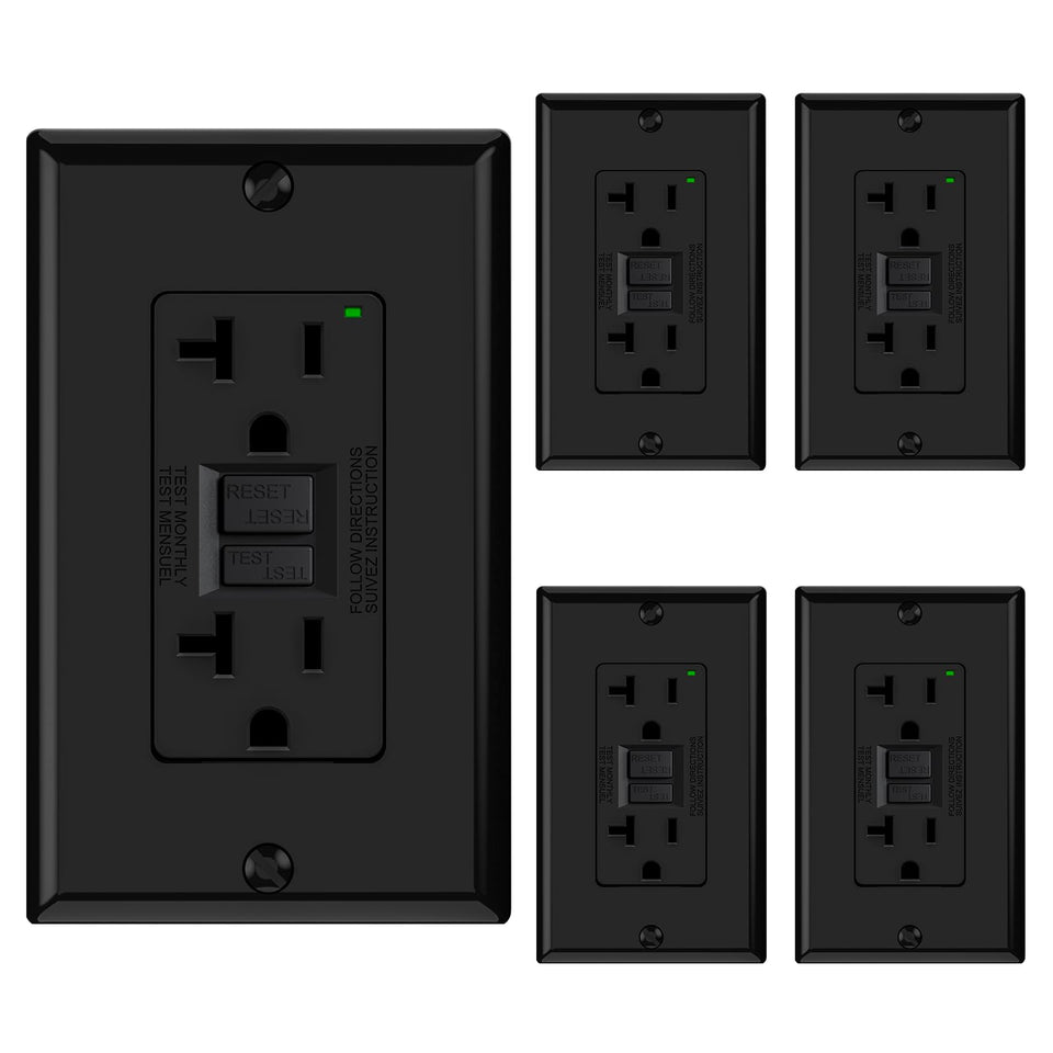 ELEGRP GFCI outlet with a narrow design seen from the front for tight spaces.