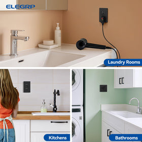 ELEGRP GFCI outlet pack contents show wall plate and quick-reference guide.