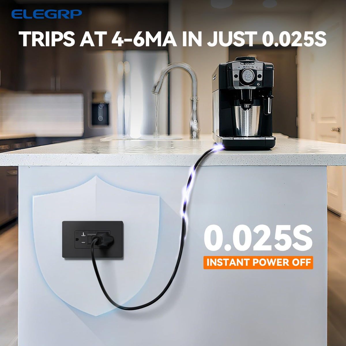 ELEGRP GFCI outlet side profile highlights thinner form factor for easier installation.