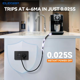 ELEGRP GFCI outlet side profile highlights thinner form factor for easier installation.