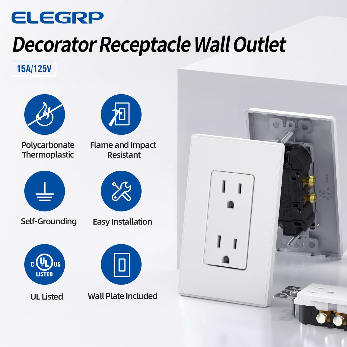 ELEGRP matte white grounding screw highlighting automatic grounding feature.