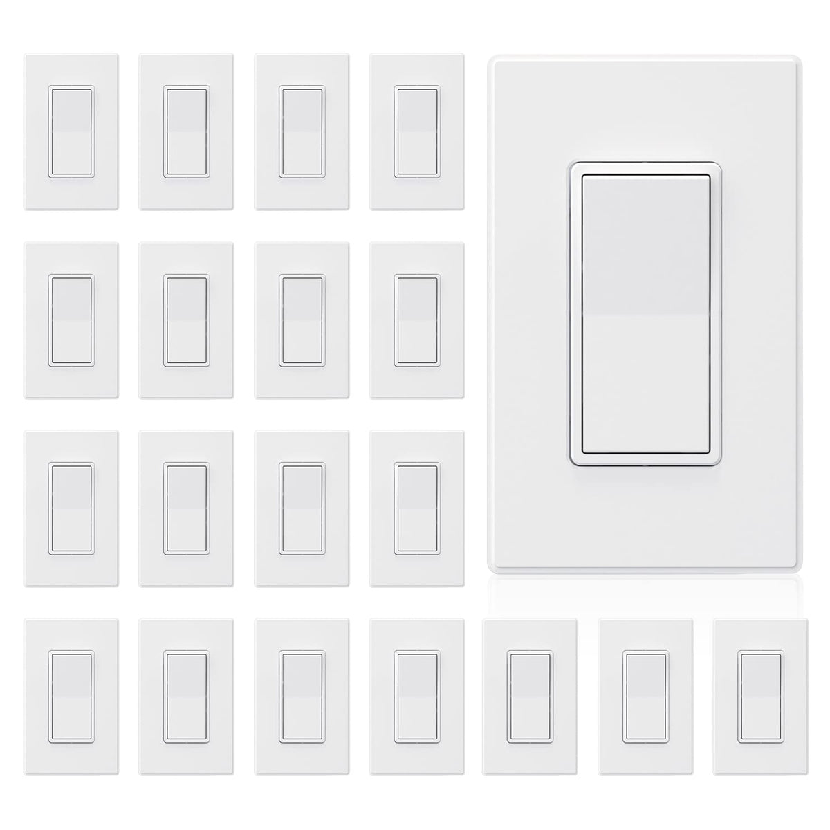 ELEGRP matte white single pole switch front view showing modern design and paddle rocker for easy control