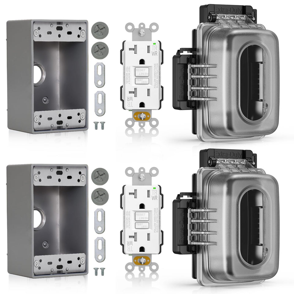 ELEGRP outdoor GFCI outlet in a 1-gang box offers weatherproof power access.