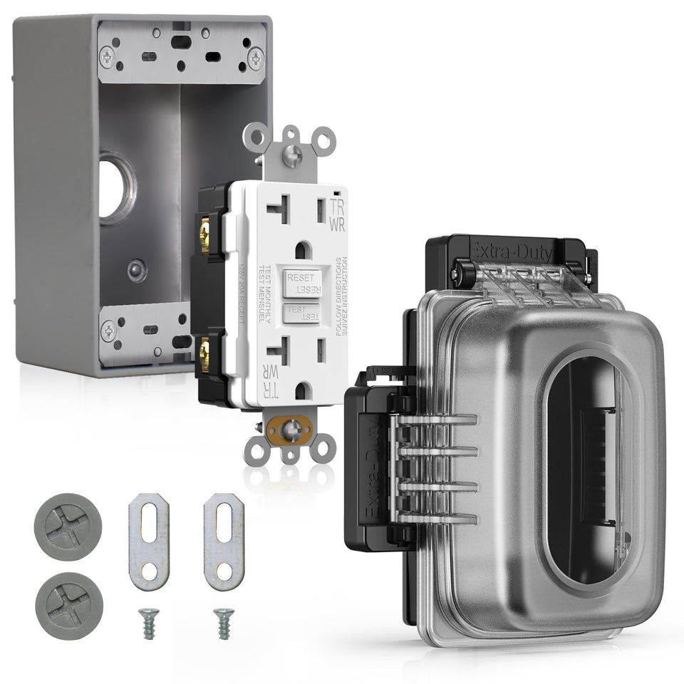 ELEGRP outdoor GFCI outlet with in-use cover provides weatherproof power access.