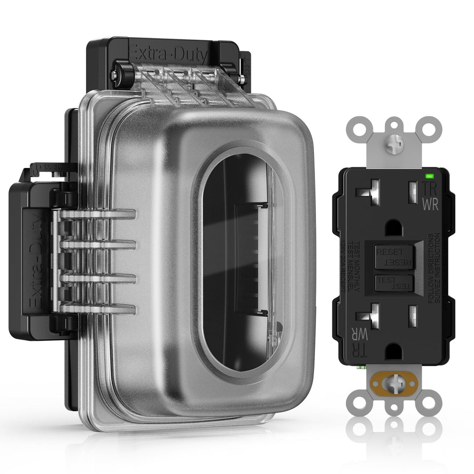 ELEGRP outdoor GFCI outlet with weatherproof cover for rain-ready power.