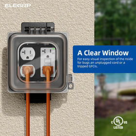 ELEGRP outlet cover demonstrates 2-gang installation for durable exterior outlets.