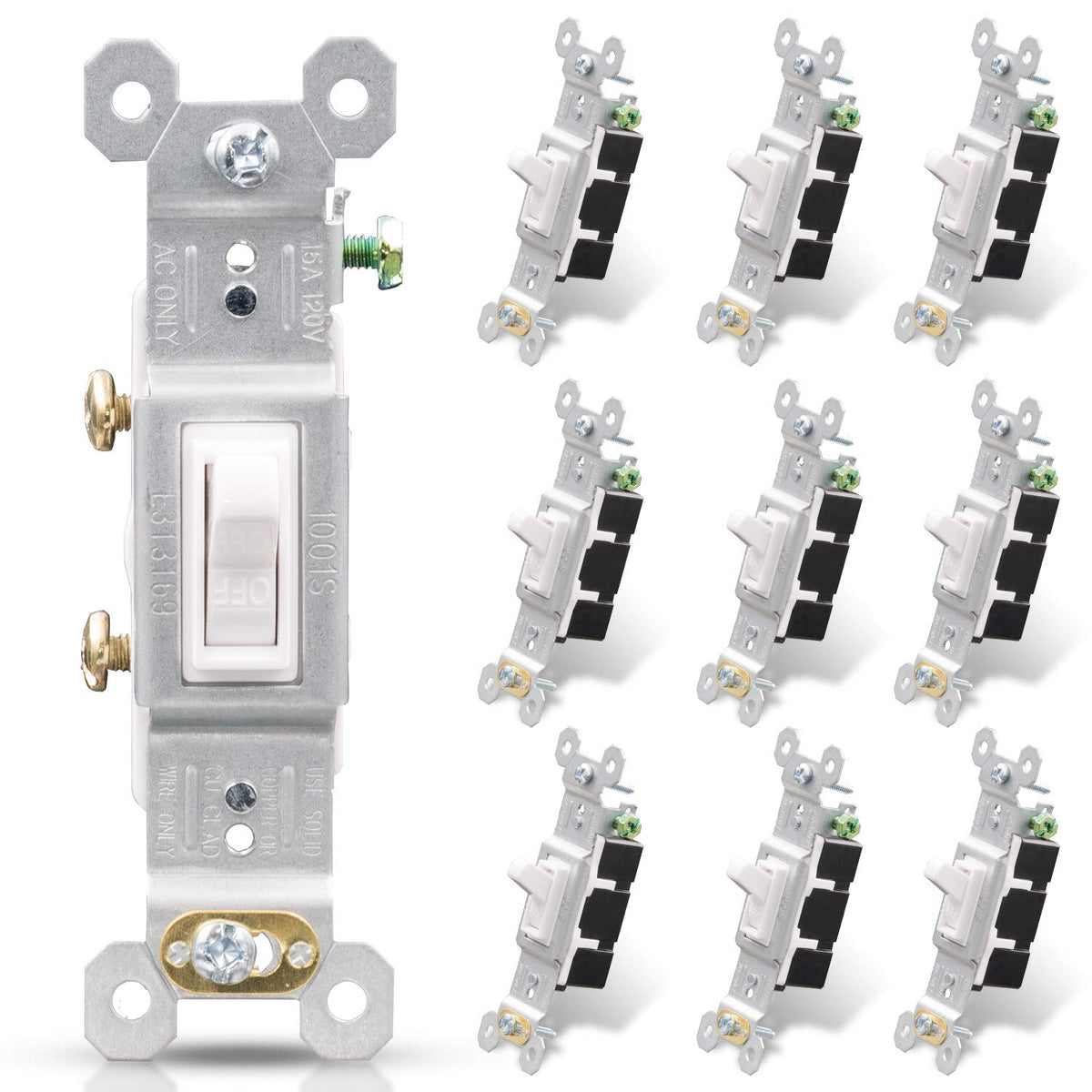 ELEGRP single pole toggle switch front view shows glossy white finish and compact profile.