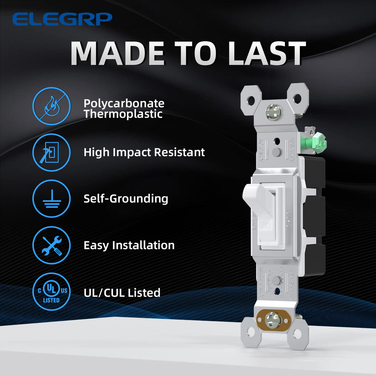 ELEGRP toggle frame close-up highlights durable construction for in-wall installation.