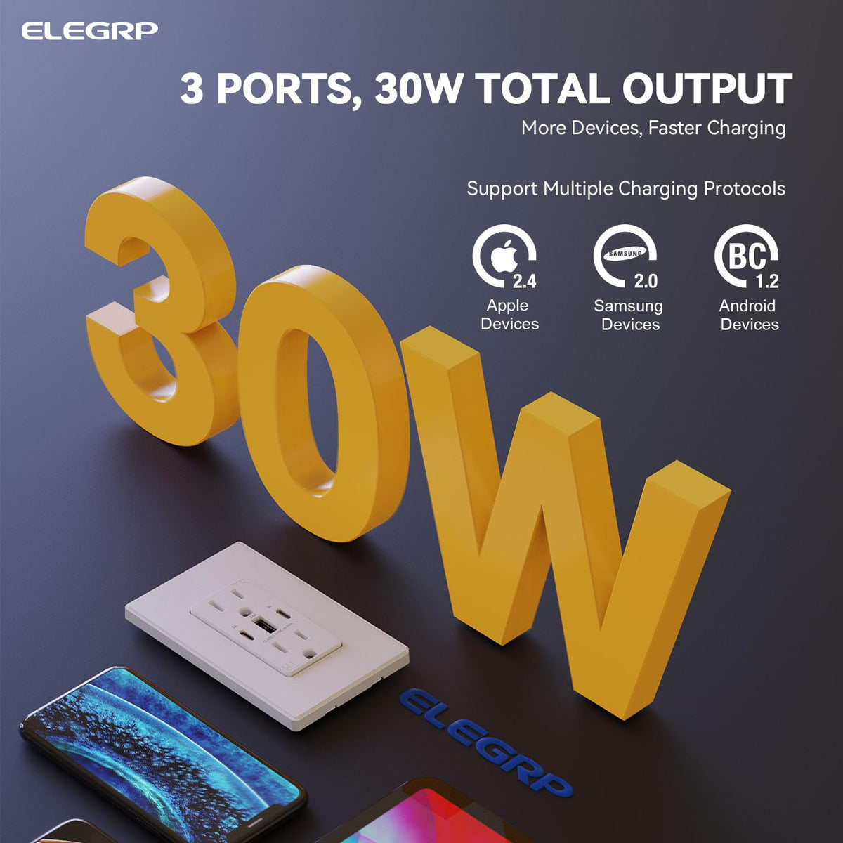 ELEGRP USB-C port closeup shows versatile charging for modern devices.