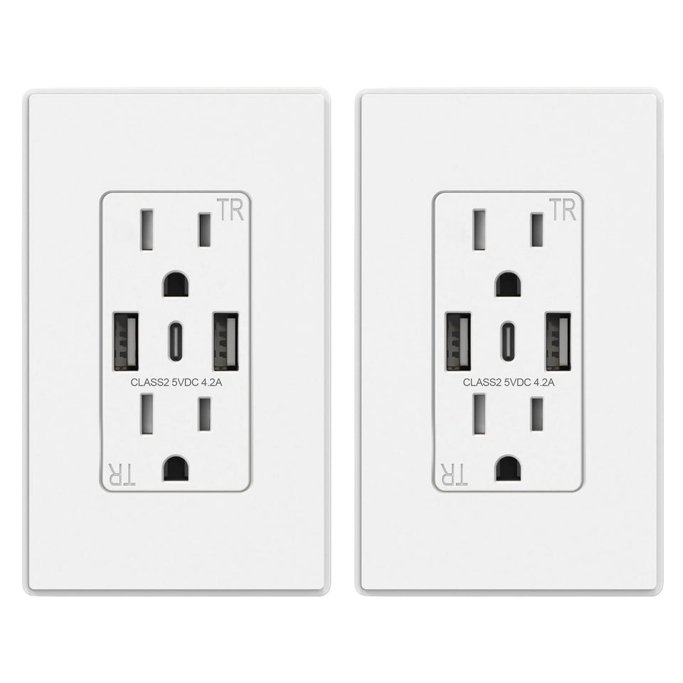 ELEGRP USB-C wall outlet with 3 ports, front view for organized charging