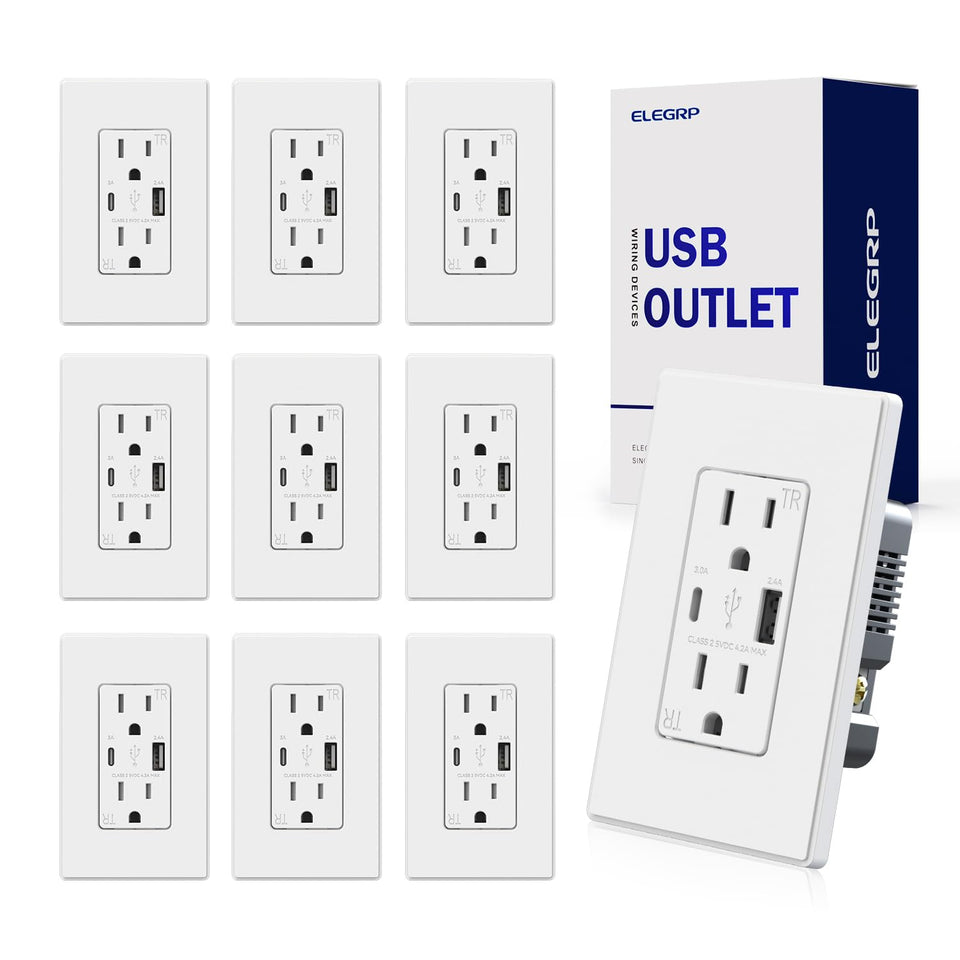 ELEGRP USB Charger Wall Outlet front view with USB-C and USB-A ports for fast charging