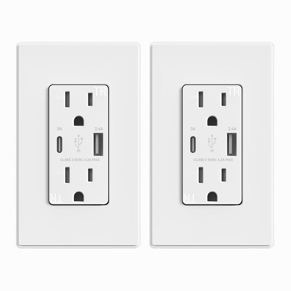 ELEGRP USB wall outlet front view with dual ports for convenient charging