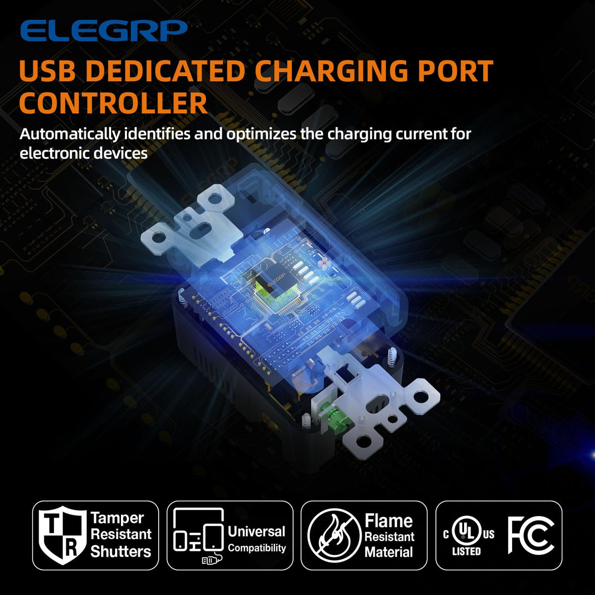 ELEGRP USB wall outlet tamper-resistant design enhances safety in homes.