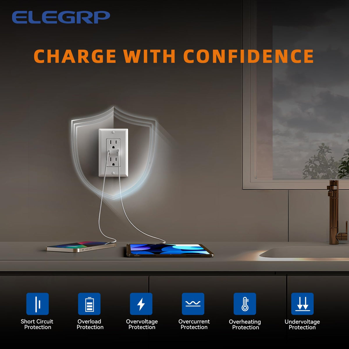 ELEGRP USB wall outlet UL-listed for reliable safety and compliance.