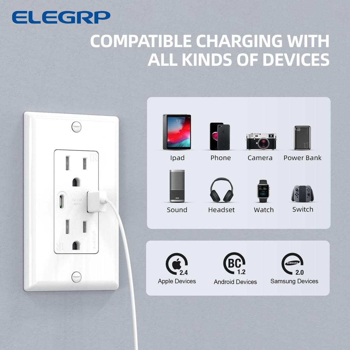 ELEGRP USB wall outlet USB-A port supports everyday devices like phones and tablets.
