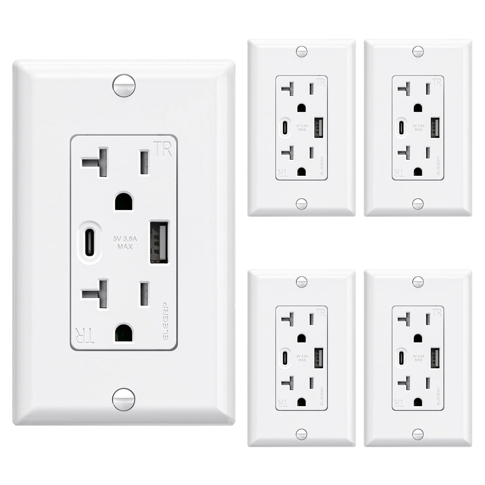 ELEGRP USB wall outlets 20A ports offer fast charging for smartphones and tablets.