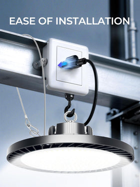 ELEKICO 300W UFO High Bay Light 5000K color temperature, vibrant work-area visibility.