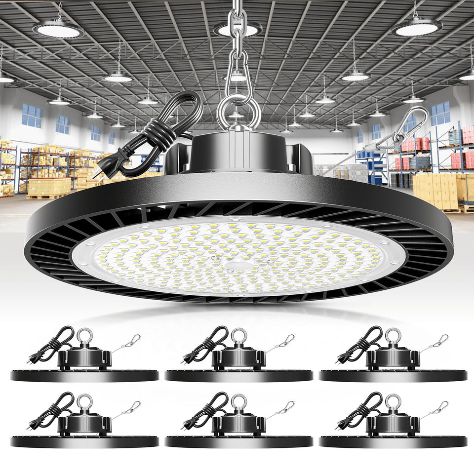 ELEKICO 300W UFO High Bay Light front view, bright daylight illumination for garages and workshops.