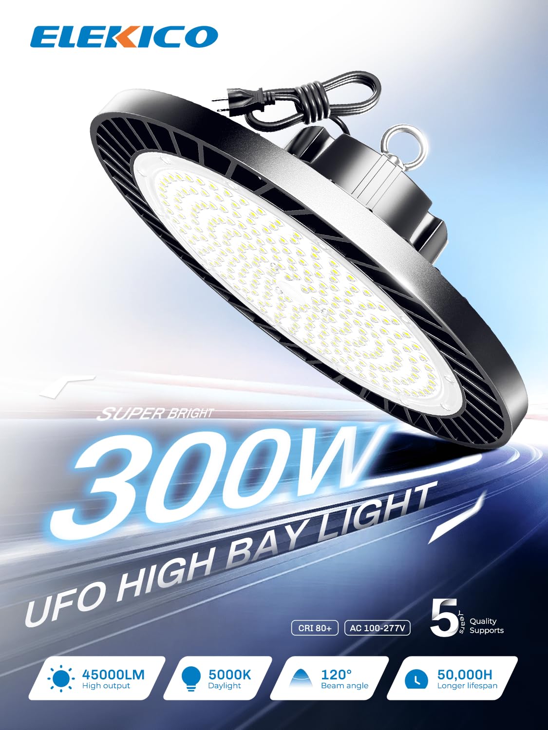 ELEKICO 300W UFO High Bay Light installation hook, quick plug-and-play setup.