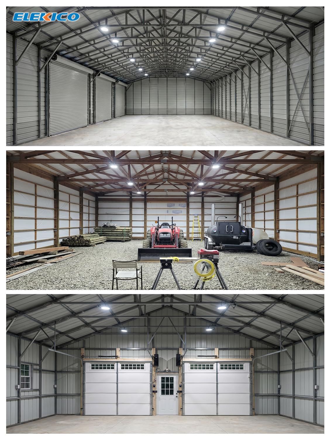 ELEKICO 300W UFO High Bay Light side view, reliable brightness for warehouses.