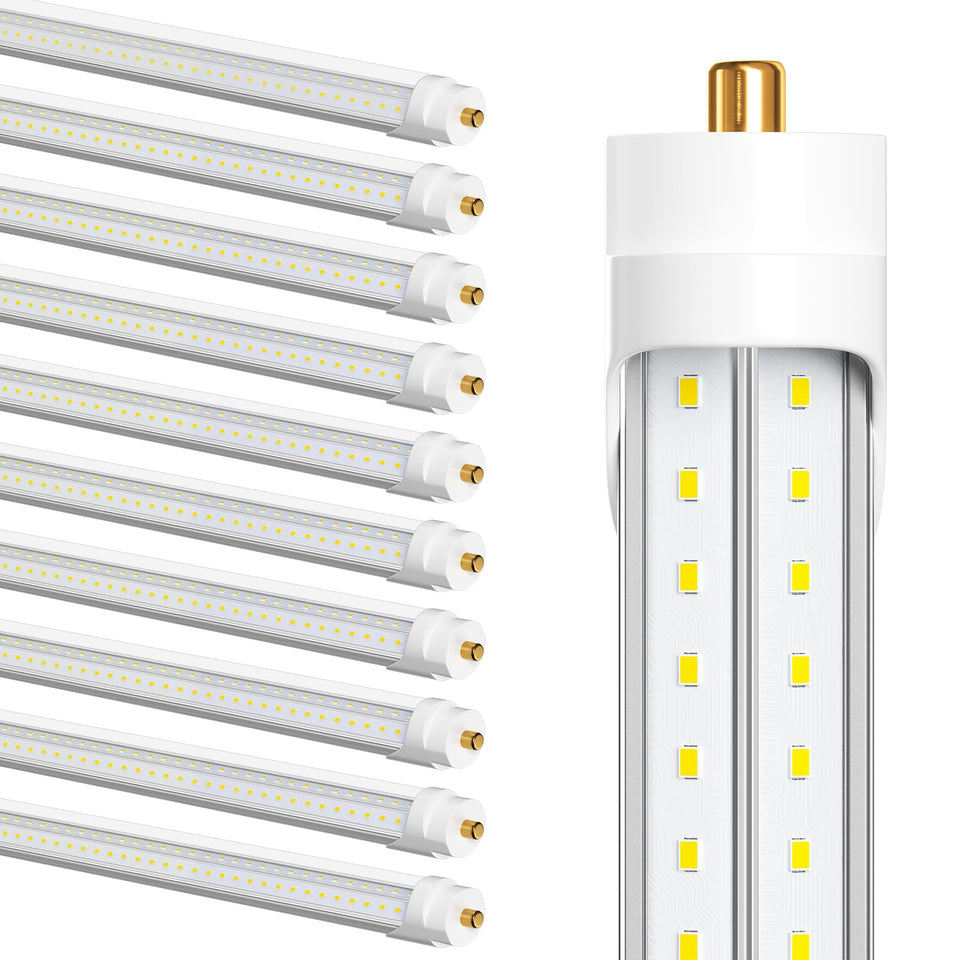 ELEKICO 75W 8ft LED T8 tube with V-shaped clear cover for broad, even illumination.