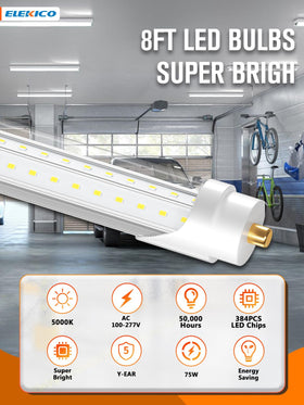 ELEKICO 8ft LED T8 tube delivers 270-degree beam for wider room coverage.