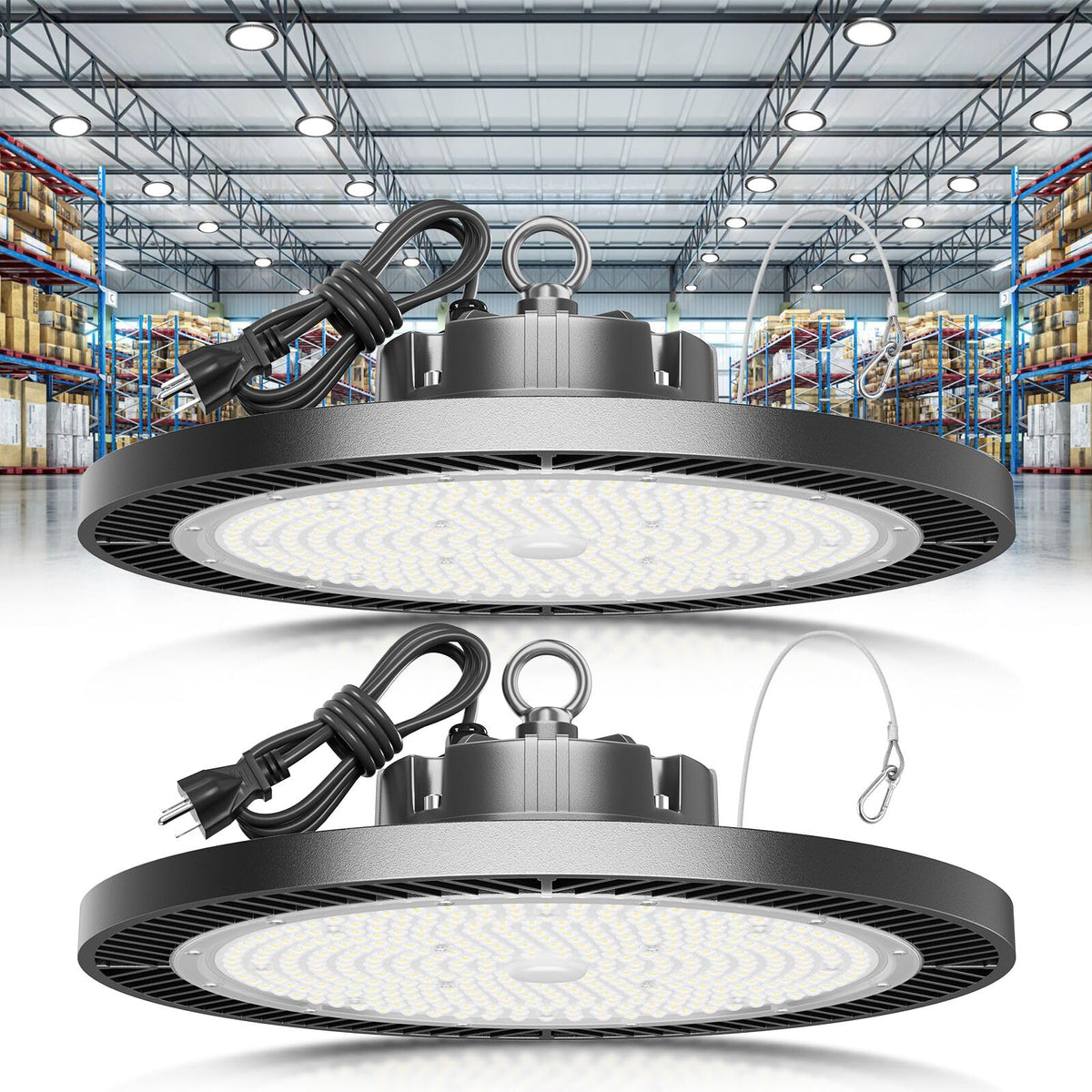 ELEKICO 250W UFO high bay light mounted on ceiling for clear warehouse illumination
