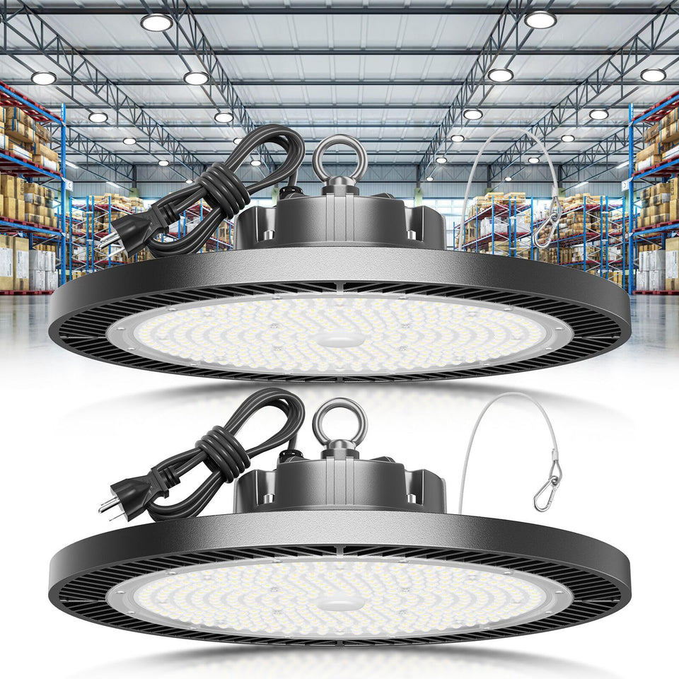 ELEKICO 250W UFO high bay light mounted on ceiling for clear warehouse illumination