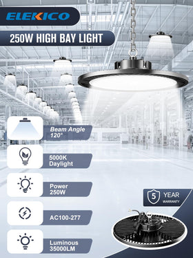 ELEKICO high bay light close-up shows die-cast aluminum housing and heat dissipation