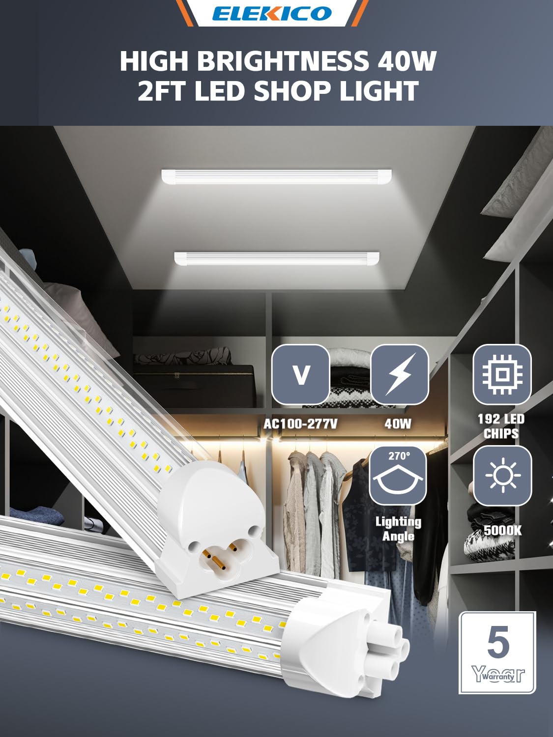 ELEKICO LED shop light with on/off cord for easy setup and use.