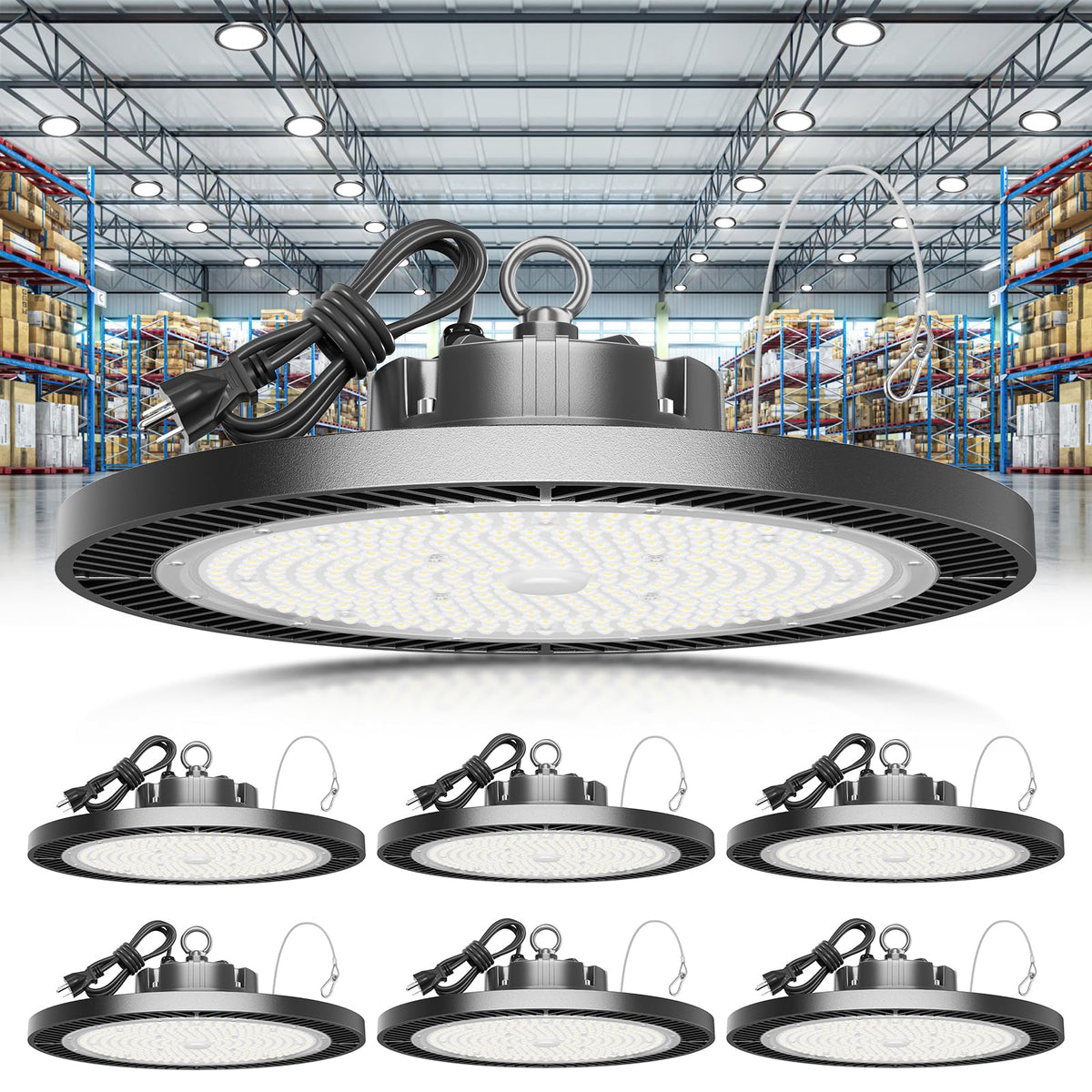 ELEKICO UFO high bay light front view for wide, even coverage in garages and workshops