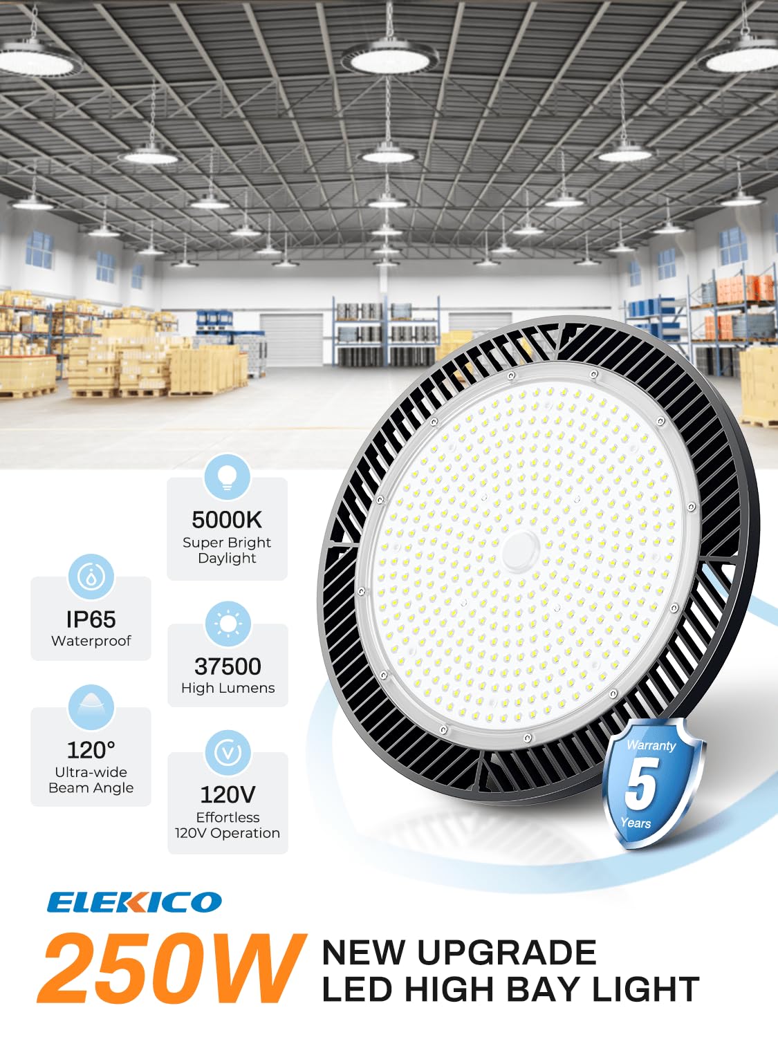 ELEKICO UFO high bay light illuminated angle shows daylight-like brightness across large spaces