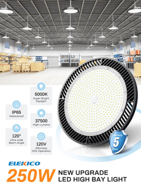 ELEKICO UFO high bay light illuminated angle shows daylight-like brightness across large spaces